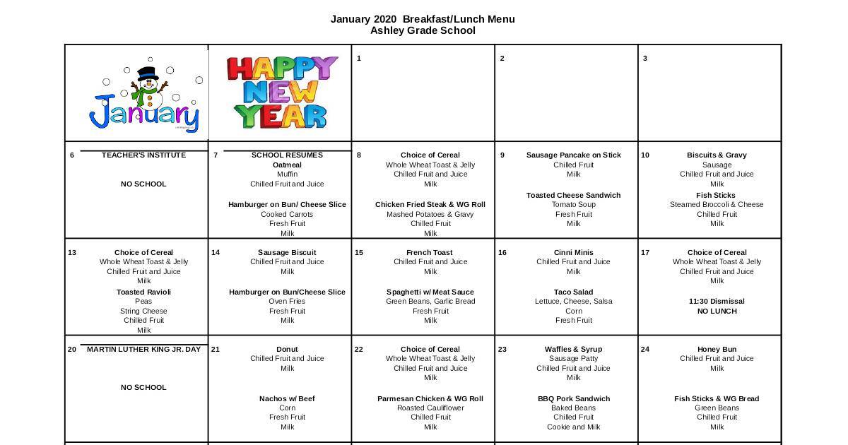 january 2016 breakfast lunch dinner menu calendar
