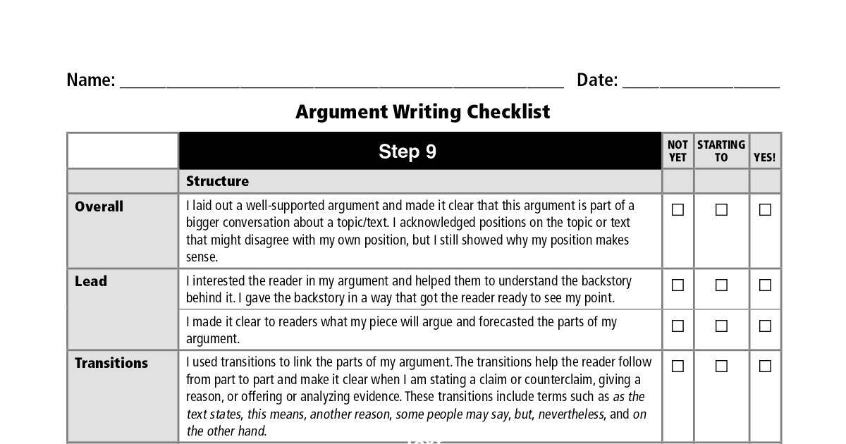 argument writing checklist grade 6