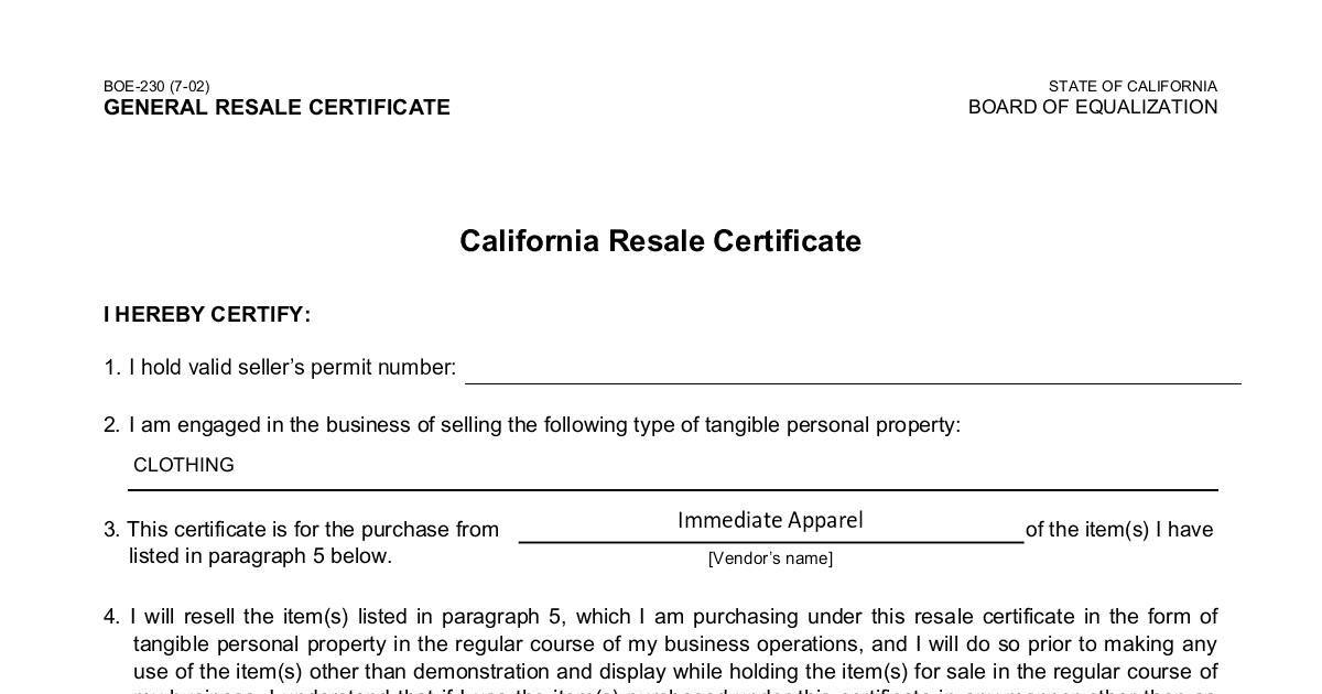 Immediate Apparel California Resale Certificate Dochub