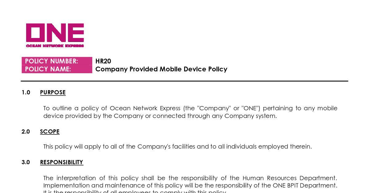 POLICYONE HR20 Company Provided Mobile Device Policy.pdf | DocHub