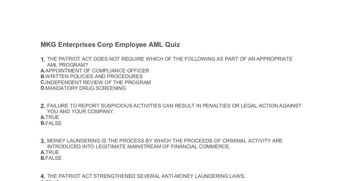 Mkg Enterprises Corp Employee Aml Quiz Dochub