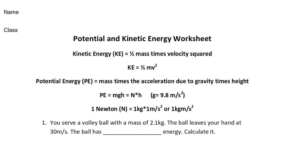Potential Vs Kinetic Energy Worksheet