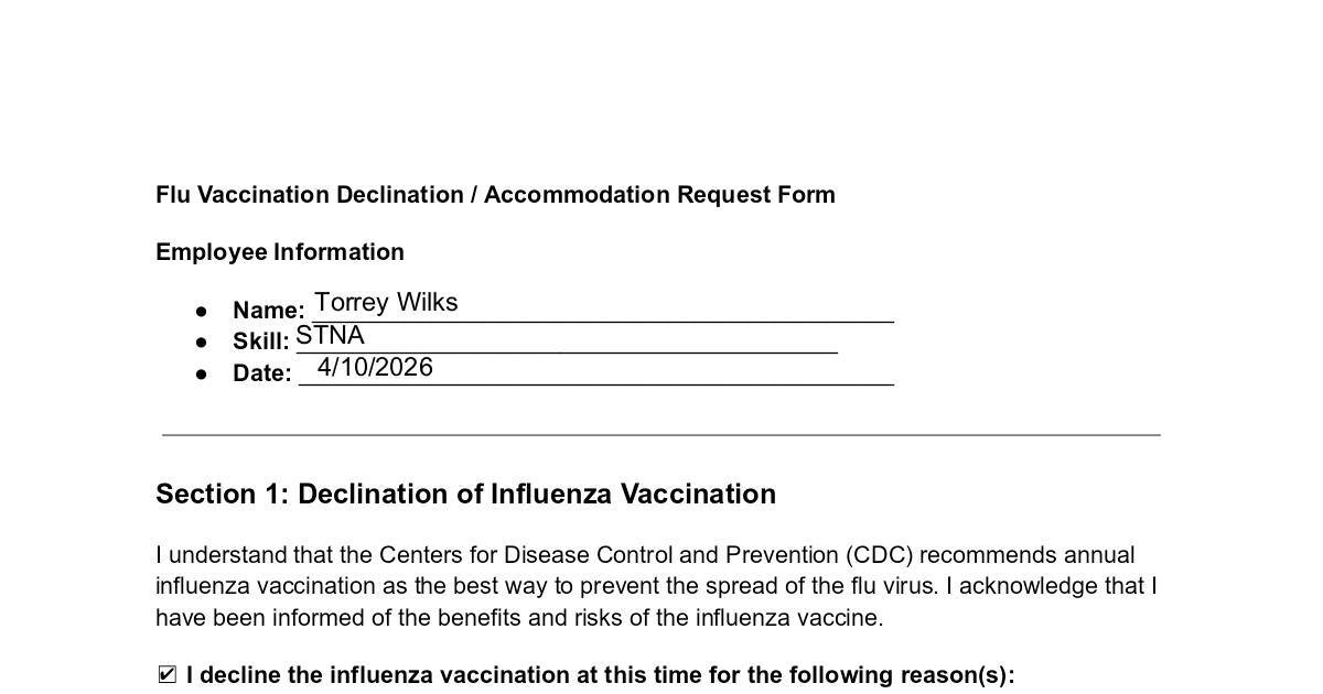 Flu Vaccination Declination/Accommodation Form | DocHub